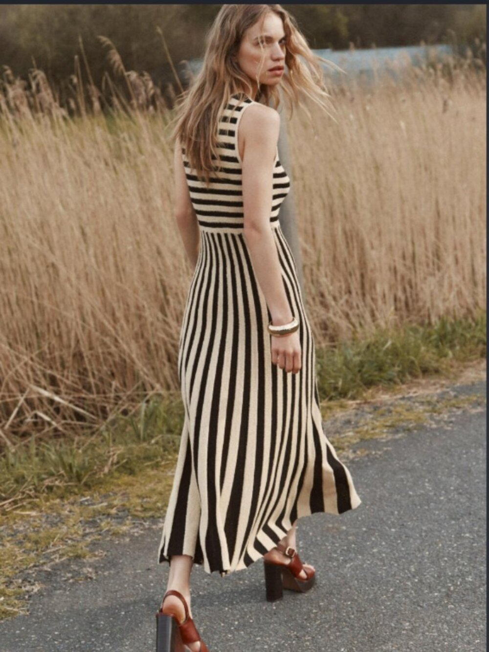 ZARA LONG TEXTURED PLEATED STRIPED DRESS NWT